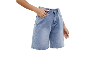 Women's Washed Straight Casual Denim Shorts Streetwear Style Patchwork Pattern Short Jeans Pants for Girls and Ladies