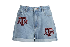 2025 Women's Mid-Waisted Straight Casual Summer Denim Shorts with Sequin Embroidery and Custom Game Day High School Patches