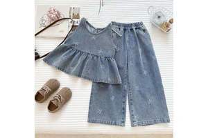 2026 Summer Girls' Denim Set New Fashion Bow Embroidered Denim Vest Wide-Leg Pants Retro Two-Piece Set