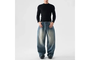 Custom Men's Plus Size Wide Leg Loose Straight Washed Vintage Classic Blue High Waist Hip Hop Street Style Denim Jeans