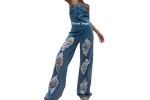 XIUYU Women Jeans Ladies Denim Fashion Street Style Personalized Perforated Straight Pockets Long Jumpsuit Wide Leg Pants