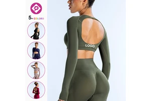 Women's Long Sleeve Compression Yoga T-shirt Soft Stretchy Breathable Lightweight Open Back Seamless Crop Yoga Top