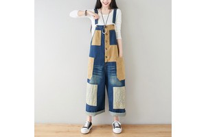 TKS Boutique 2026 Spring New Washed Denim Backband Pants Loose Art Patch Wide Leg Pants Contrast Color Women's Jumpsuit