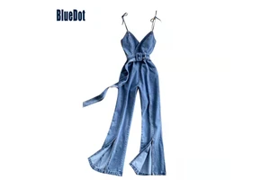 Bluedot Custom Hot Sale Vintage Denim Suit Two Piece Jacket Suit Sexy High Waist Denim Jumpsuit Jeans Women's Trousers