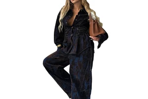 European and American Women's Denim Suit with Collar Buttons Long Sleeved Top Wide Leg Pants 2-piece Set