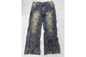 Men's Oversize Vintage Denim Pants Diamond Quilted Wide-Leg Mid Rise Hip Hop Winter Streetwear Casual Loose Fit Trousers Factory