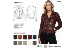 Custom OEM Burgundy Belted Biker Structural Belted Hem Epaulette Shaping Seams Asymmetric Zip Leather Jackets For Women
