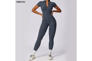 Women's Short Sleeve Sports Bodysuit Jumpsuit Half Zip Yoga Fitness Athletic Apparel One Piece Sports Legging Romper