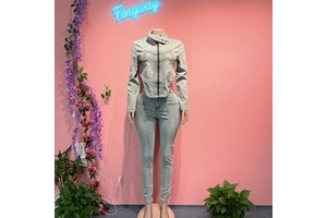 2026 Fall Women Distressed Long Sleeve Denim Zipper Jackets Jeans Sets Women 2 Piece Elastic Jean Pants Set