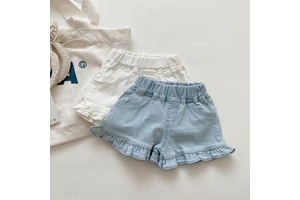 Wholesale Baby Girl Ruffle Denim Shorts Light Wash Soft Jean Shorts Elastic Waist Pocket Design Kids Summer Short Pants