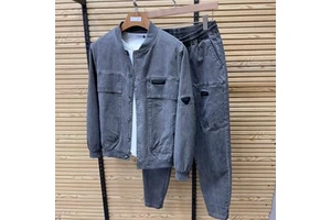 233 Autumn Men's New Baseball Collar Denim Casual Two-Piece Set Long Sleeves Trousers High Quality Fashionable Versatile Sense