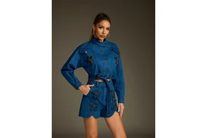 A10832 Women's Blue Denim 2-Piece Set: Flower Embellished Cropped Jacket & Shorts - Chic Tie-Waist Casual/Party Outfit