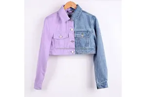 High Quality Women's Trending Fashion Custom Denim Jeans Jacket Pink Blue Color Block Patch Work Long Cropped Crop Top