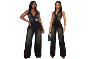 6992 Slim Elastic Washing Denim Jumpsuit Halter Loose