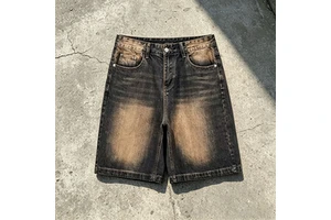 OEM ODM Custom Eco Moustache Effect Vintage Shorts Baggi Jeans Jorts Fit Baggy Jeans Short Dark Denim Shorts Jorts for Men