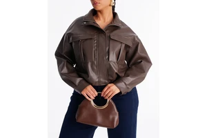 Custom PU Faux Leather Stand Zipper Printed Cropped Jacket Women Brown Loose Fit Drop Shoulder OEM Private Label Wholesale Plus
