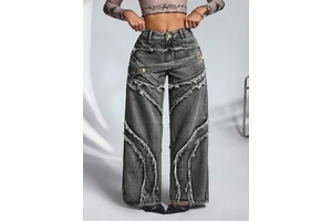 Women's Plus Size Wide Leg Jeans Raw Frayed Layer Patchwork Seam Gold Metal Buckle Waist Strap Oversized Denim Trousers