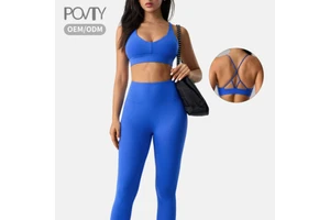 POVTY Women's Sexy Low-cut V Neck Spaghetti Strap Four-Way Stretch Breathable Washed High Support Yoga Sports Bras Crop Front
