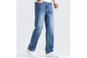 High Quality Custom Men Casual Woven Denim Pants Lightweight Mid Waist Loose Fit Wide Leg Solid Color