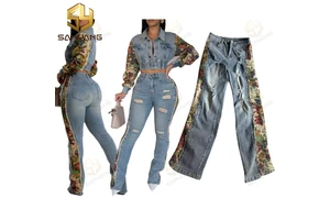 Denim Outfit Women Floral Patchwork Full Sleeve Button Fly Cropped Jacket + Ripped Jeans Pants Two Piece Set
