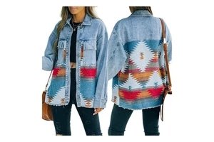 Channel 2025 Spring Autumn Distressed Lapel Long Sleeve Vintage Button Down Women's Aztec Western Denim Jacket