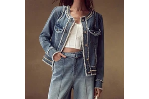 LARSUR Custom Factory studded Diamond Denim Jacket Distress Wash Raw Edge Long Sleeves Jeans Jacket for Women