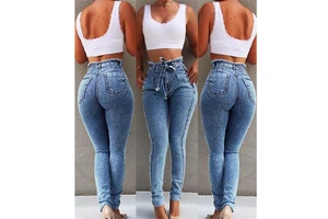 High Waist Jeans for Women Slim Stretch Denim Jean Bodycon Tassel Belt Bandage Push up Jeans Woman R1423