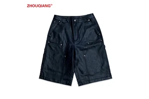 Custom Cotton Men's Double Knees Short Jeans Summer Black Wax Coated Denim Shorts