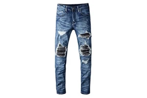 Custom Men's Denim Trousers Hip Hop Streetwear Eco-Friendly Cotton Regular Fit Straight Leg Screen Printed Light Wash Knitted