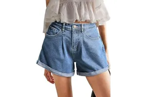 EXORO APPARELS Women's High Waist Denim Shorts Light Blue 100% Cotton Straight Leg Casual Summer Breathable Medium Wash Regular