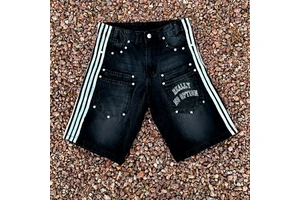 Customized Men's Denim Shorts Street Wear Heavyweight Vintage Wash Striped Jean Shorts Rivets Studded Sun Fade Mid Waist Jorts