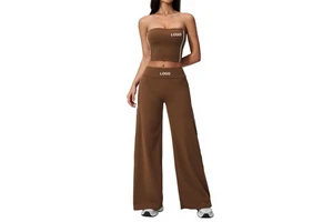 Custom Logo Women 2 Piece Yoga Set Strapless Tube Top High Waist Wide Leg Pants Activewear