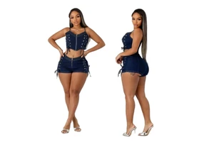New Arrival Women's Casual Top & Above Knee Denim Shorts Set - 2-Piece Suit with Solid Pattern, Stylish & Comfortable for Summer