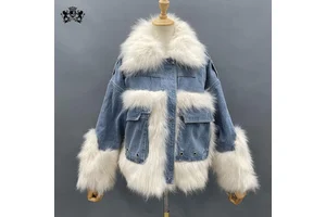 Janefur Women Rivet Denim Jacket Winter Latest Down Fur Coat Designs Lady Jean Jacket With Fur