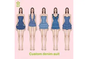 Custom Women's Bandeau Ruffled Trim Denim Suit Mini Dress Bow Detail Sleeveless Halter Neck Leisure Wear Stylish Summer Outfit
