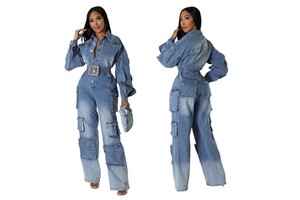 Casual Elastic Waist Cargo Denim Jeans One Piece Denim Jumpsuit Women Wide Leg Denim Pants