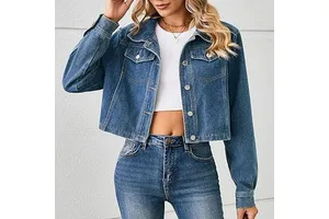 Women Cropped Denim Jacket Button Jean Outerwear Long Sleeve Regular Fit Pocket Customizable Leopard Washed Winter Summer