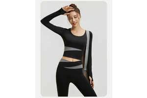2025 JYMC023 New Arrival Seamless Contrasting Color Sports Yoga Long-sleeved With Chest Pad Fitness Crop Top for Women