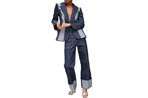Best Supplier Women's Canvas Denim 2-Piece Set Casual Long Sleeve Turn-Down Collar Jackets Pockets High Waist Leg Pants Solid