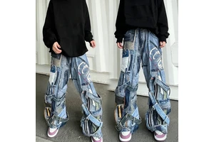 YSJY OEM Custom Streetwear Hip Hop Asymmetric Acid Wash Baggy Loose Oversized Boyfriend Jeans Denim Trousers for Men