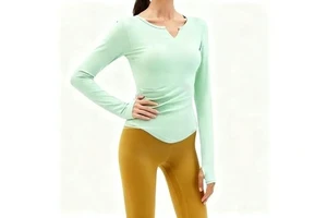 Yoga Tank Top Long-Sleeved Breathable Four-Way Stretch Loose V-Neck Nude Fitness Women's with Bra Pads
