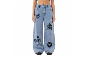 Hot Sale Custom Graphic Print Breathable Eco-Friendly Women's Denim Y2K Casual High Waist Baggy Streetwear Summer Colored