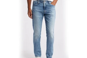 New Men's Business High Street Solid Denim Straight Leg Regular Fit Mid Waist Elastic Trousers with Embroidery and Button