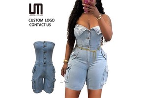 Women's 2025 Trendy Denim Romper Cargo Pocket Button Short Jumpsuit Sleeveless Backless Streetwear Overalls Fashion