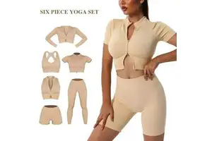 Lanyu TFitness Six-Piece Sports Bra Set Breathable Lightweight Plus Size Yoga Clothing Solid Pattern Short Sleeve Four-Way