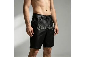 Heavyweight Black Leather Shorts With Gothic DTG Print Streetwear High Waist Vintage Style Zipper Pants For Men