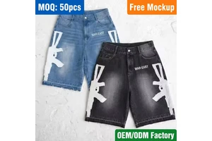 Custom Private Label Black Washed Denim Jorts Men's Y2K Streetwear Baggy Graphic Print Shorts OEM ODM Manufacturer Supplier Bulk
