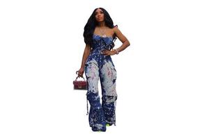 Women's Elastic Waist Denim Overalls Jumpsuits Tight Waist Shoulder-Exposed Tooling Splash Ink Design for Trade