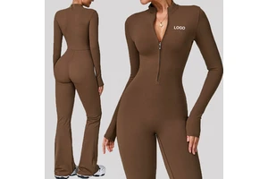 Custom logo Soft Fabric Women's Jumpsuits Playsuits Long Sleeve Sports Jumpsuit One Piece High Quality Tall Gym Jumpsuit Women