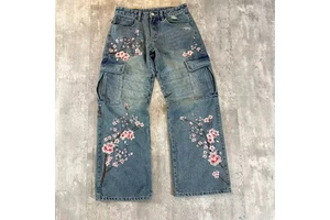 High Quality Fashion Custom Embroidery Light Blue Big Pocket Wide Leg Plus Size Stacked Baggy Men's Denim Jeans for Men